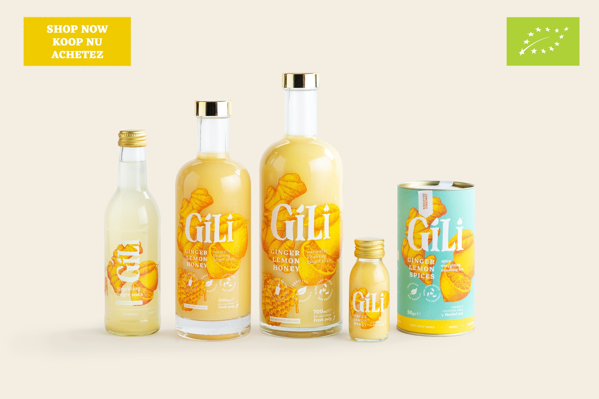 Gili Product Assortment: Ginger Soda, Elixir, Shot, Tea